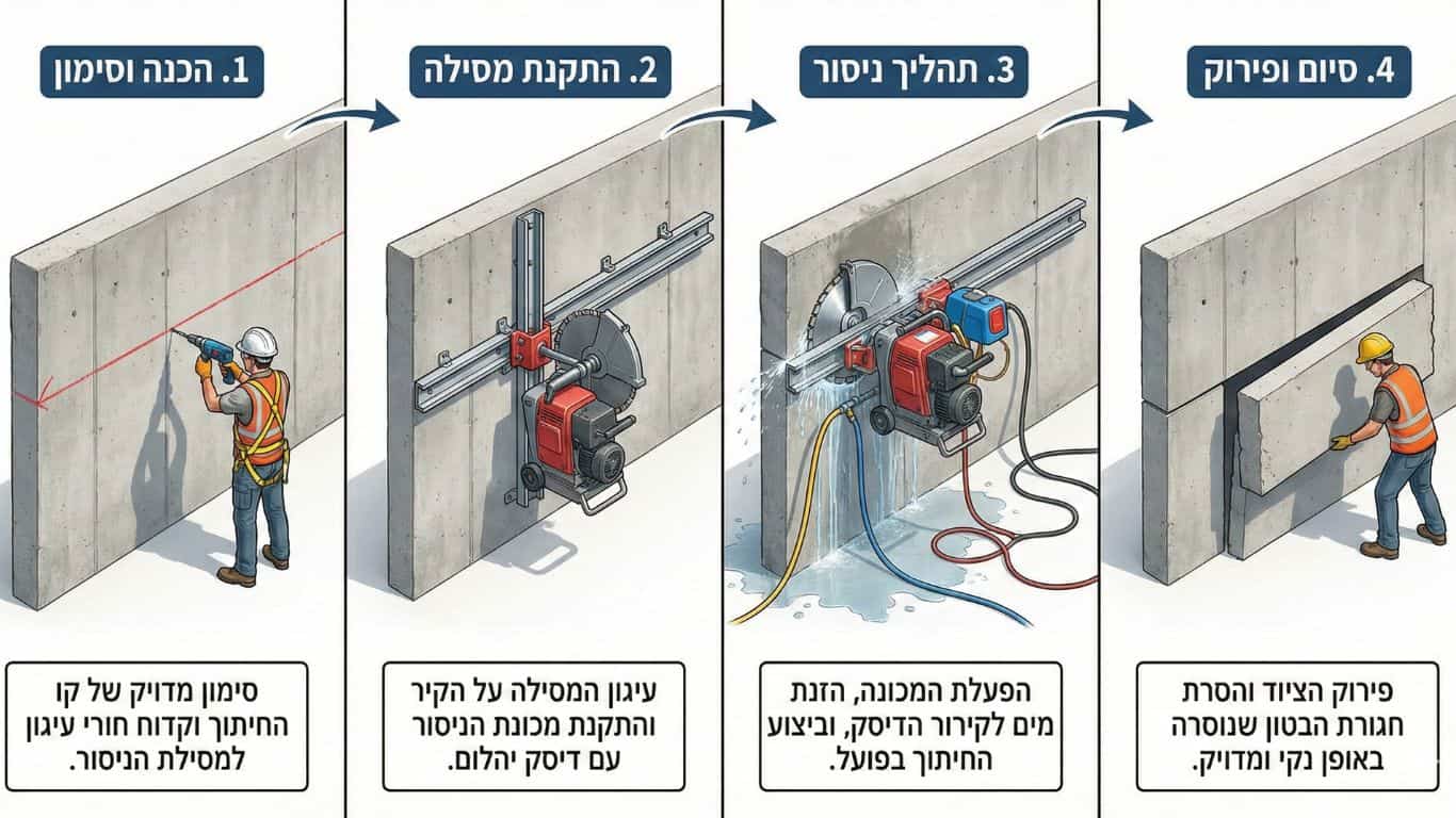 תהליך ניסור חגורת בטון